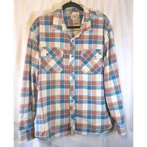 LL Bean Flannel Blue Orange Plaid Elbow Pads Organic Cotton 504187 Mens XL